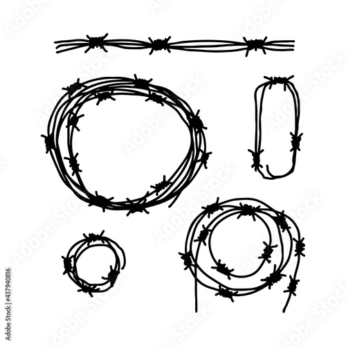 Barbed wire icons set. Black outline linear sketch silhouette. Vector simple flat graphic hand drawn illustration. The isolated object on a white background. Isolate.