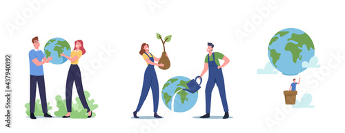 World in Hands, Save Planet Concept. Male and Female Characters Holding Earth Globe . Ecology Conservation, Earth Day
