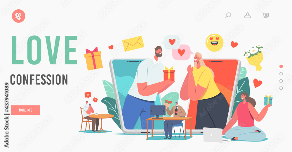 Love Confession Landing Page Template. Online Date, Modern Romance Relationships. Characters Chatting via Smartphones