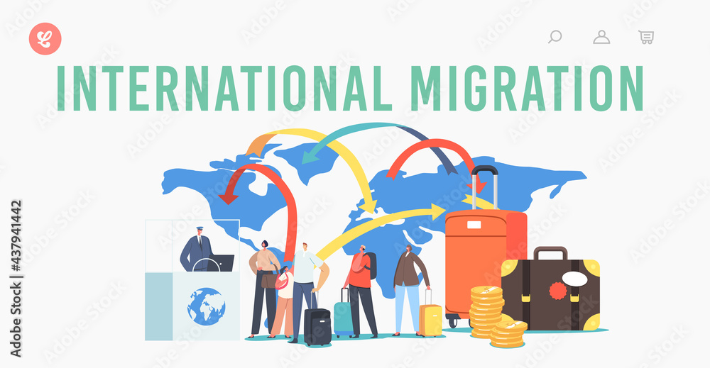 Naklejka premium International Migration Landing Page Template. Characters Legal World Immigration. Travelers and Tourists Make Document