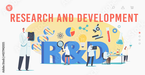 Research and Development Landing Page Template. Medicine Genetic Technology Scientists Characters Working with Dna