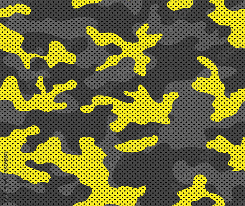 Vector camouflage pattern, black, yellow background, digital design.