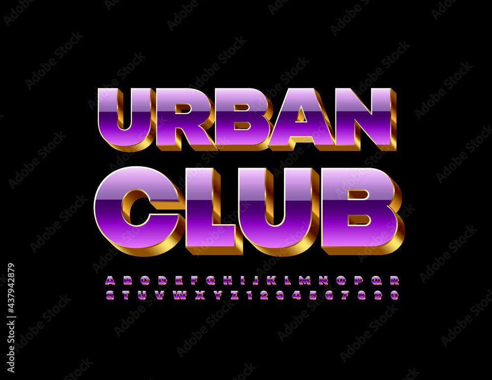 Vector stylish banner Urban Club. Bright luxury Font. Shiny 3D Alphabet Letters and Numbers set