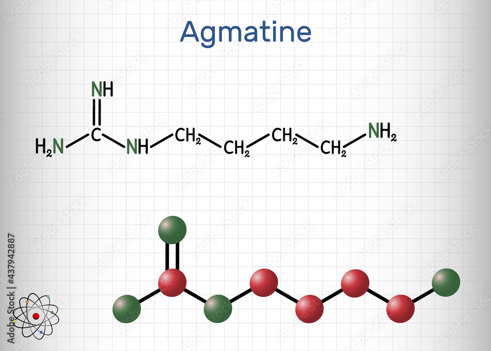 Agmatine molecule. It is amino compound, member of guanidines, natural metabolite of arginine. Sheet of paper in a cage Agmatine molecule. It is amino compound, member of guanidines, natural metabolite of arginine. Sheet of paper in a cage