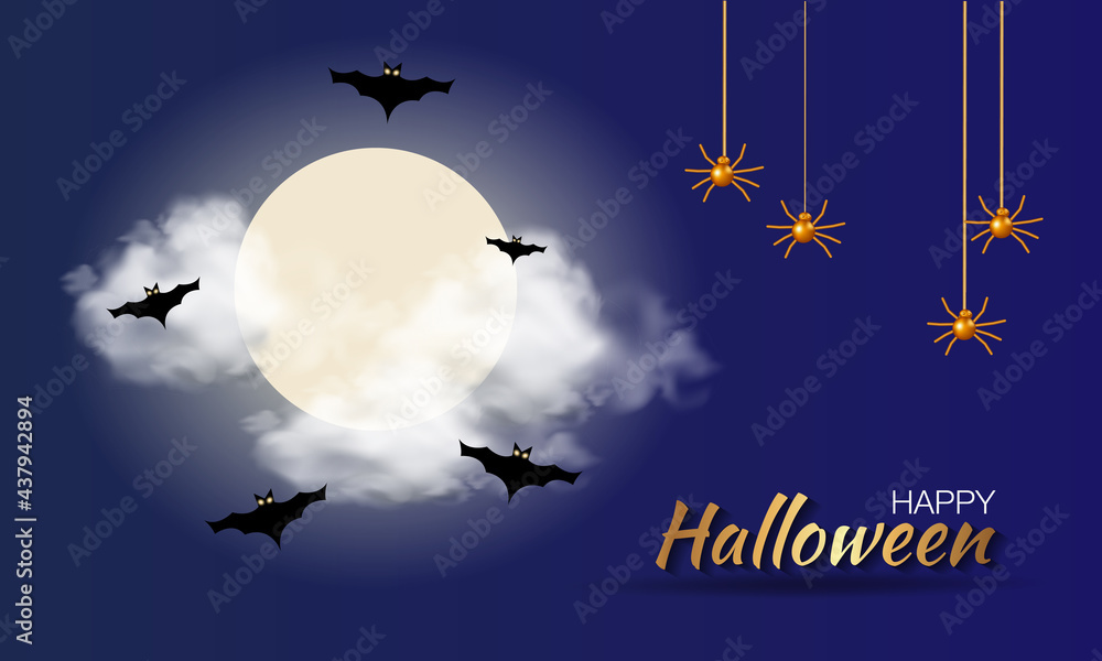 Happy Halloween. Composition with pumpkins, balloons and bats, holiday decorations. Realistic vector illustration.