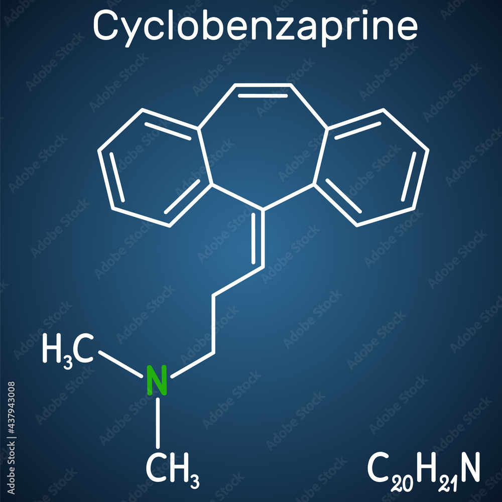 Cyclobenzaprine, molecule. It is centrally-acting muscle relaxant. Structural chemical formula on the dark blue background Cyclobenzaprine, molecule. It is centrally-acting muscle relaxant. Structural chemical formula on the dark blue background