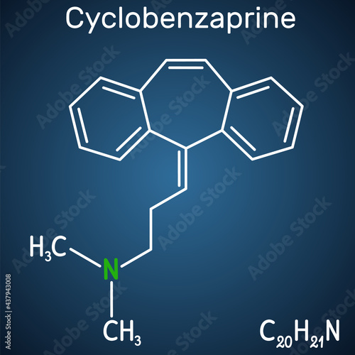 Cyclobenzaprine, molecule. It is centrally-acting muscle relaxant. Structural chemical formula on the dark blue background