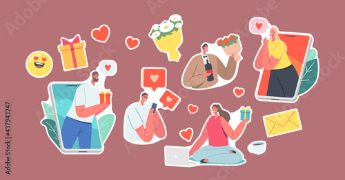 Set of Stickers Online Date, Modern Romance Relationships Theme. Characters Chatting via Smartphones and Computers