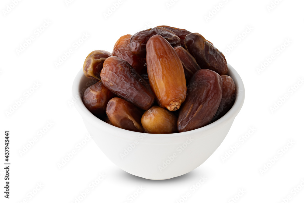 ripe dates in white cup isolated on white background ripe dates in white cup isolated on white background