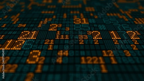 Digital numeric wall of data scrolling with depth of field (ID: 437943419)