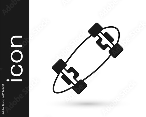 Black Longboard or skateboard cruiser icon isolated on white background. Extreme sport. Sport equipment. Vector