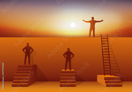 Concept de la compétence et de l’intelligence avec deux hommes face à un mur et un autre qui a trouver la solution pour passer l’obstacle. 