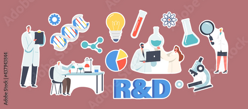 Set of Stickers R&D, Laboratory Research and Development Theme. Scientist Characters Conduct Experiment in Lab