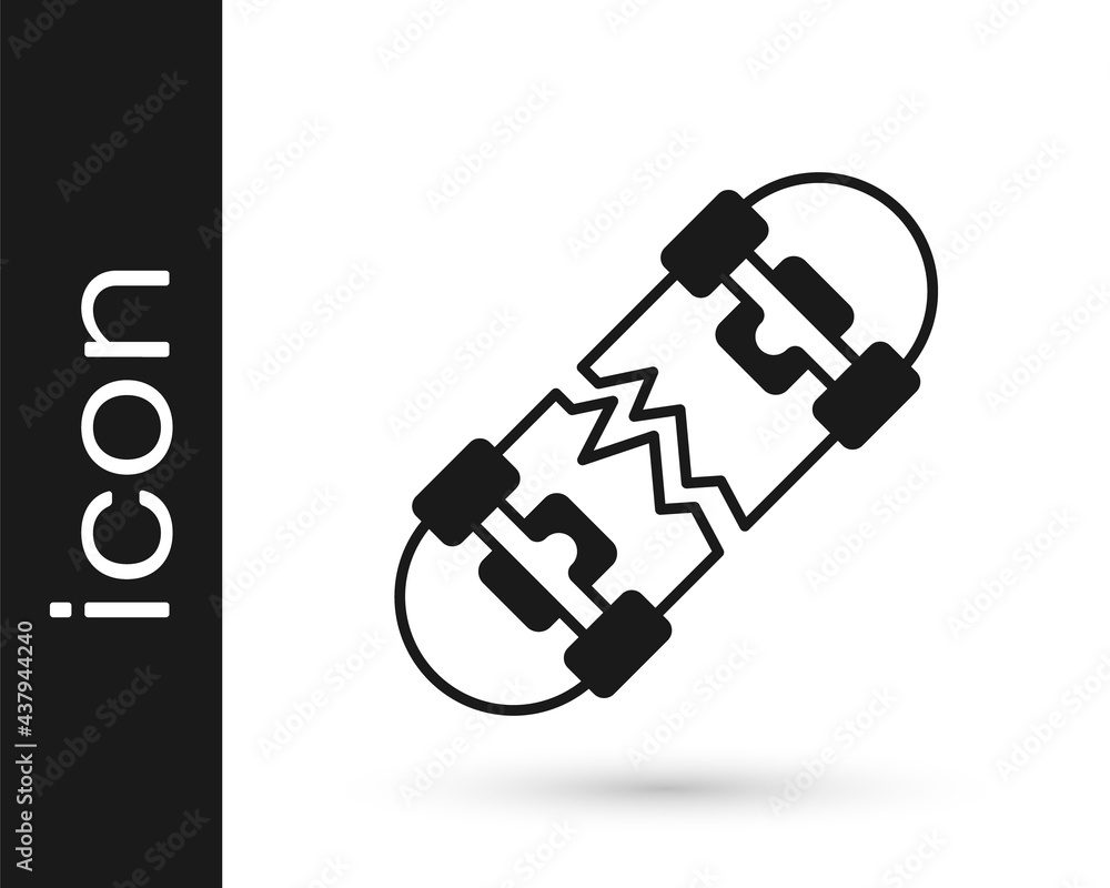 Black Broken skateboard icon isolated on white background. Extreme sport. Sport equipment. Vector Black Broken skateboard icon isolated on white background. Extreme sport. Sport equipment. Vector