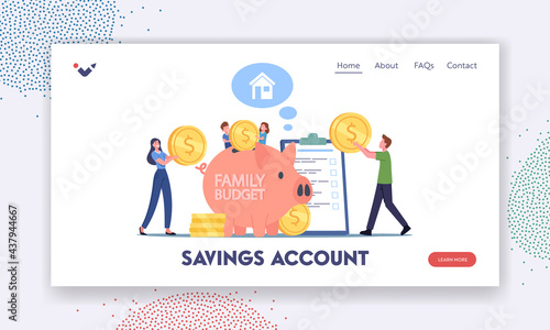 Savings Account Landing Page Template. People Earn and Save Money, Universal Basic Income, Capital Wealth, Family Budget
