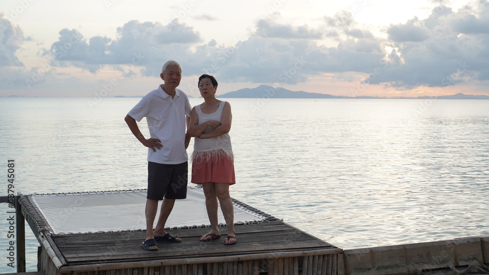 asian, senior, couple, happy, beach, sea, morning, love, pensioner