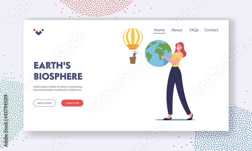 Earth Biosphere Landing Page Template. Female Character Holding Earth Globe, Man Flying on Air Balloon. Save the Planet