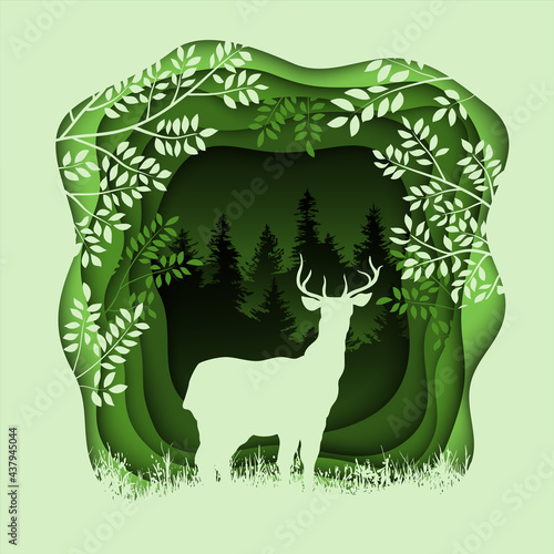 Forest wilderness landscape. Deer silhouettes. Abstract 3D background. Paper cut shapes. Template for your design works. © Oleksandr