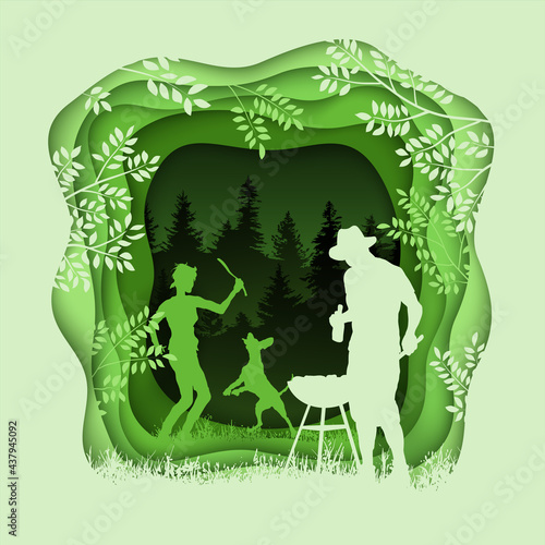 Forest wilderness landscape. Silhouettes of resting people, doggy, barbecue. Abstract 3D background. Paper cut shapes. © Oleksandr