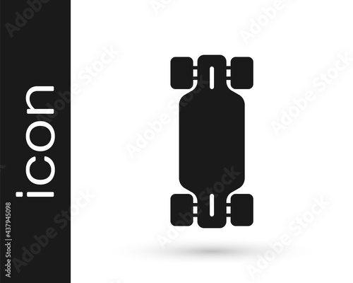 Black Longboard or skateboard cruiser icon isolated on white background. Extreme sport. Sport equipment. Vector