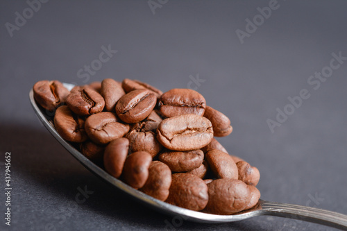 Close up to Roasted coffee beans served in silver vintage stainless steel spoon on dark background. High quality organic aroma seeds. Copy space text image  © Art Food