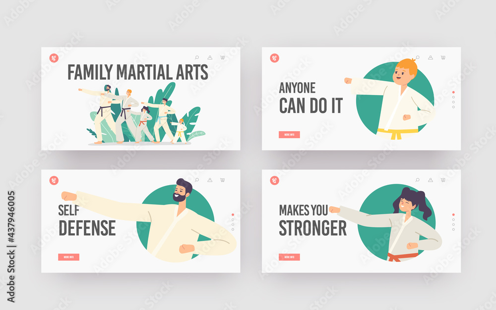 Family Characters Training Martial Arts Landing Page Template Set. Father, Mother and Kids in Kimono with Colorful Belts Family Characters Training Martial Arts Landing Page Template Set. Father, Mother and Kids in Kimono with Colorful Belts