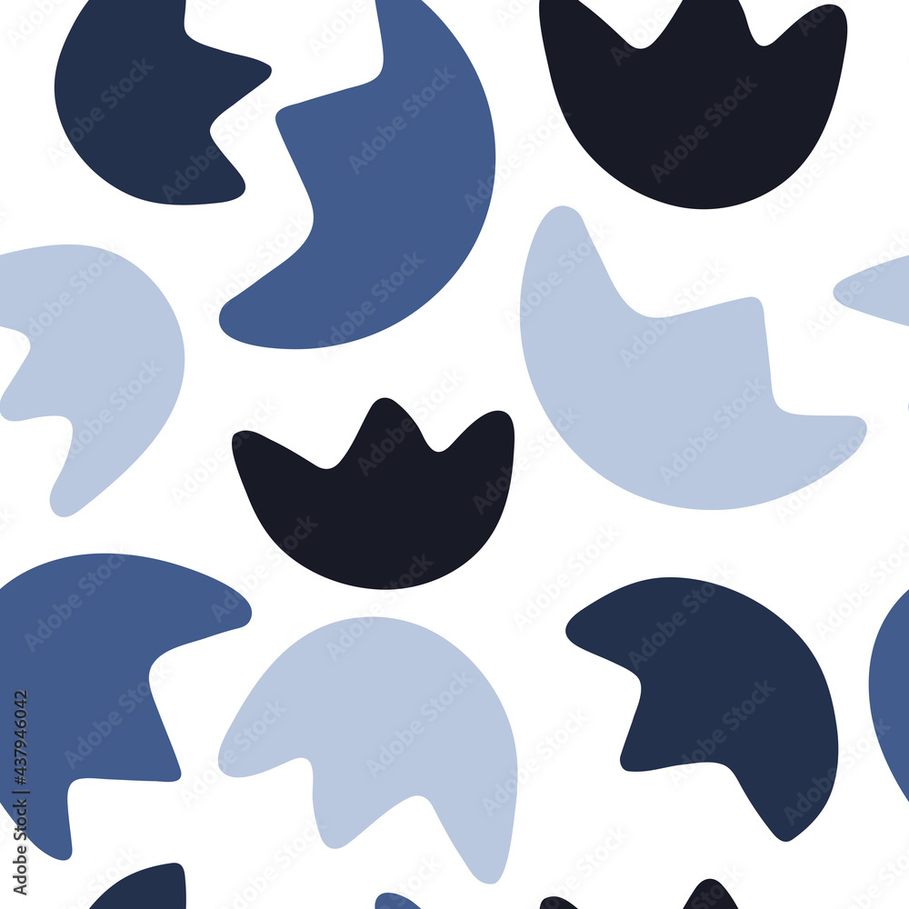 Vector seamless pattern with blue, light and dark abstract flower on white background. Hand drawn doodle illustration.