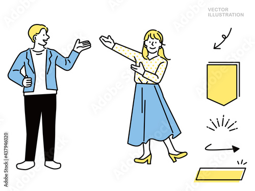 ポイント、注目、発表を表す男女のイラスト(ビジネス、クリック、チェック、アイデア、おすすめ、仕事) Illustrations of men & women representing points, attention, and presentations (business, clicks, checks, ideas, discoveries)