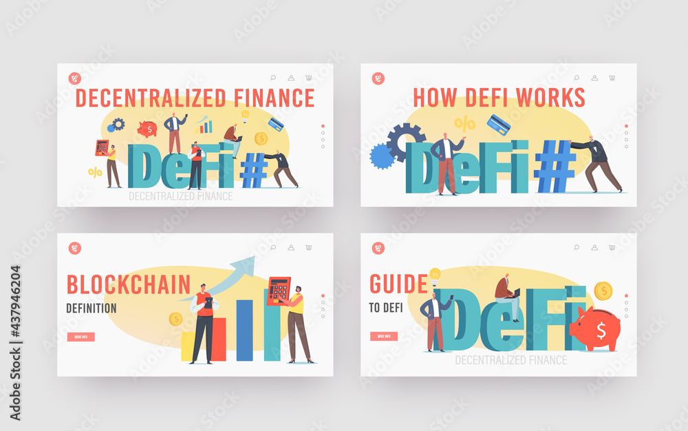 Decentralized Finance Landing Page Template Set. Tiny Businesspeople Characters with Calculator, Hashtag, Piggy Bank