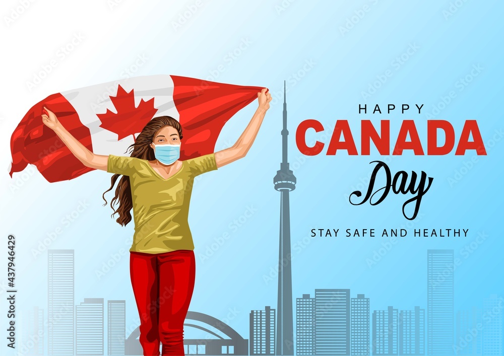Fototapeta premium happy Canada day 1st July, girl running with Canada flag. vector illustration. greeting card covid19, coronavirus concept.