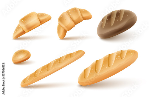 Set of Croissant and coffee cups to takeaway caffe menu. Good morning breakfast with Espresso Coffee in a Cup with hot aromatic steam. Vector illustration.