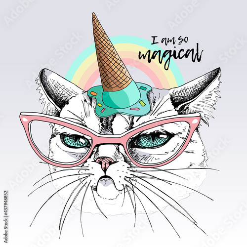Portrait of the funny Grumpy cat in the glasses and in the Ice cream party hat on a rainbow background. Humor card, t-shirt composition, hand drawn style print. Vector illustration.