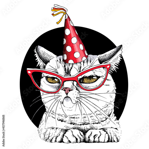 Portrait of the funny cat in the red glasses and in the polka dot party hat. Humor card, t-shirt composition, meme, hand drawn style print. Vector illustration.