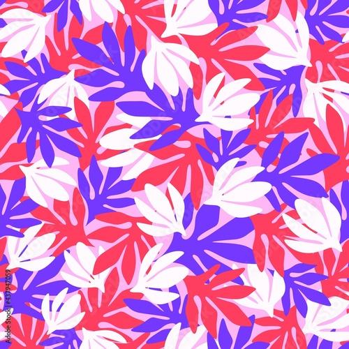 Vector seamless bright pattern with handdrawn leaves on a pink backgroud.
