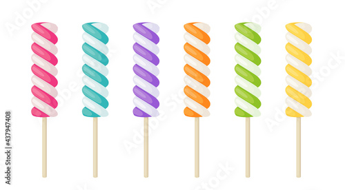 Spiral marshmallow on stick, swirl candy with colored stripes isolated on white background. Vector cartoon set of twisted sweets on wooden sticks