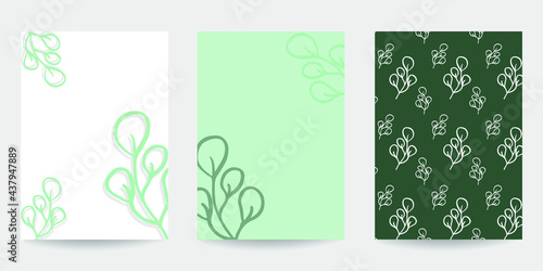 Hand-drawn vector botanical leaves on white and green background with a seamless floral pattern. Set of 3 illustrations. Flat lay posters.