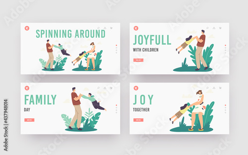 Family Outdoor Fun, Parenthood, Childhood Landing Page Template Set. Happy Parents Characters Spinning Son and Daughter