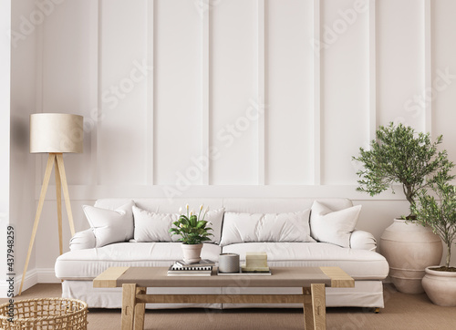 Home interior with Scandinavian decoration style, bright living room with neutral wooden furniture, 3d render