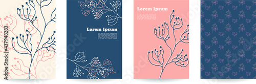 A set of 4 vector botanical leaves illustrations on pink and grey backgrounds with a seamless pattern. Herbal illustrations, ideal for beauty and cosmetics brands. Flat lay posters.