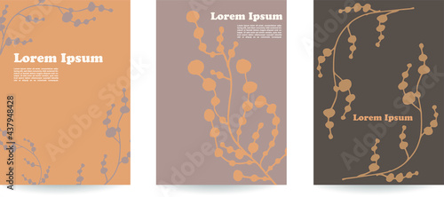 A set of 3 hand-drawn vector leaves backgrounds in beige colors with a seamless herbal pattern. Mid-century style, botanical garden, organic drawing. Ideal for beauty brands. Flat lay posters.