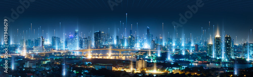 Banner smart city dot point connect with gradient line, connection technology metaverse concept. Bangkok city background at night with big data in Thailand, Panorama view. © sutlafk