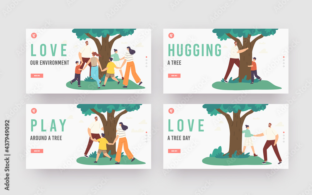 Outdoor Environmental Activity Landing Page Template Set. Happy Family Characters Dance around Tree. People Love Tree