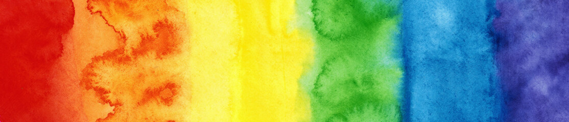 Rainbow colored LGBT pride flag. Symbol of sexual minorities and tolerance. LGBTQ, LGBT+ community concept. Watercolor painted background with copy space for design. Web banner. Wide. Website header.