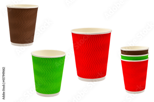 Paper cups for vaious drinks. Red, green, brown. Empty paper cups. Isolated on white.