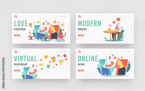 Wallpaper Mural Love Confession Landing Page Template Set. Online Date, Modern Romance Relationships. Characters Chatting via Smartphone Torontodigital.ca
