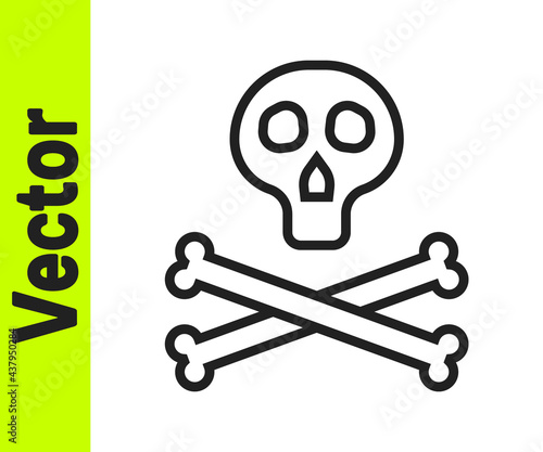 Black line Bones and skull as a sign of toxicity warning icon isolated on white background. Vector