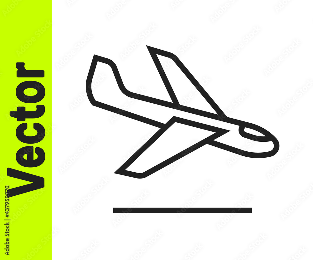 Black line Plane landing icon isolated on white background. Airplane transport symbol. Vector