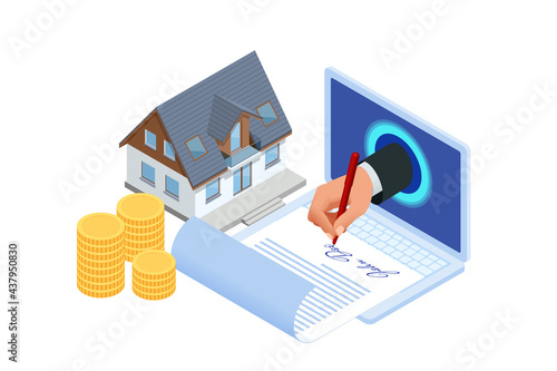 Isometric signed property purchase agreement, buyer. Mortgage online, new home buying online. Buying, selling or renting real estate
