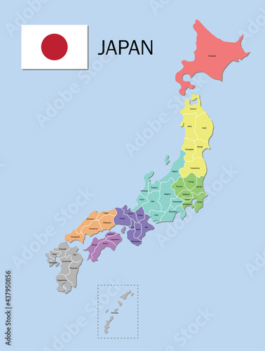 Japan map. Color map of the provinces of Japan. Japan administrative map. Regions and prefectures.