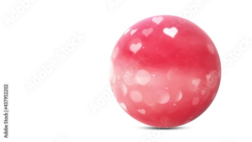 Valentines day rolling globe with red and white heart shapes animation. Isolated on white.
